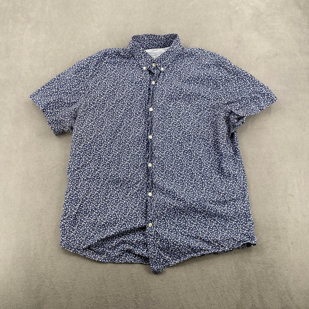 Banana Republic Mens XL Grant Slim Fit Luxe Stretch Poplin Floral Shirt Blue
